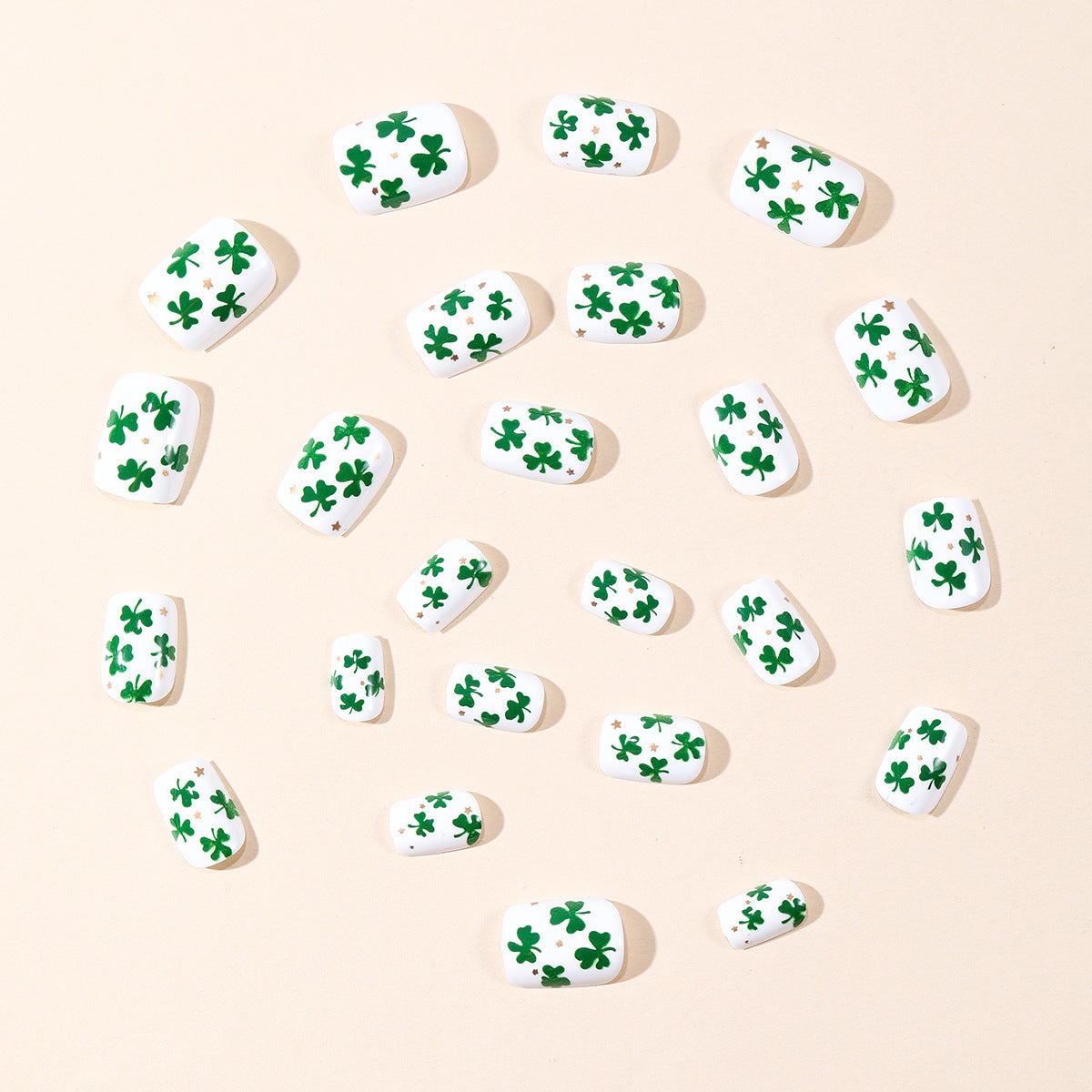 24pcs St. Patrick's Short Square White Four-leaf Stars Nails