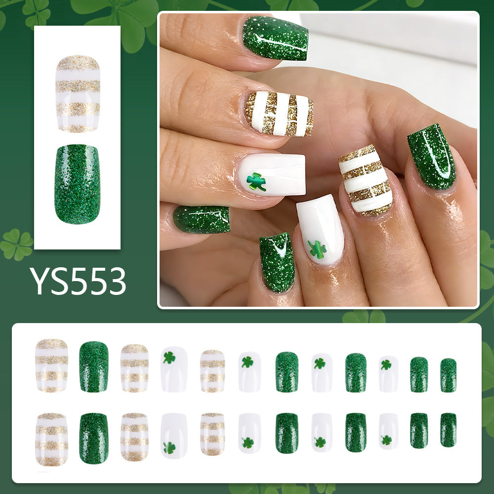 24pcs Square Green&Gold Stripe St. Patrick's Day Nails