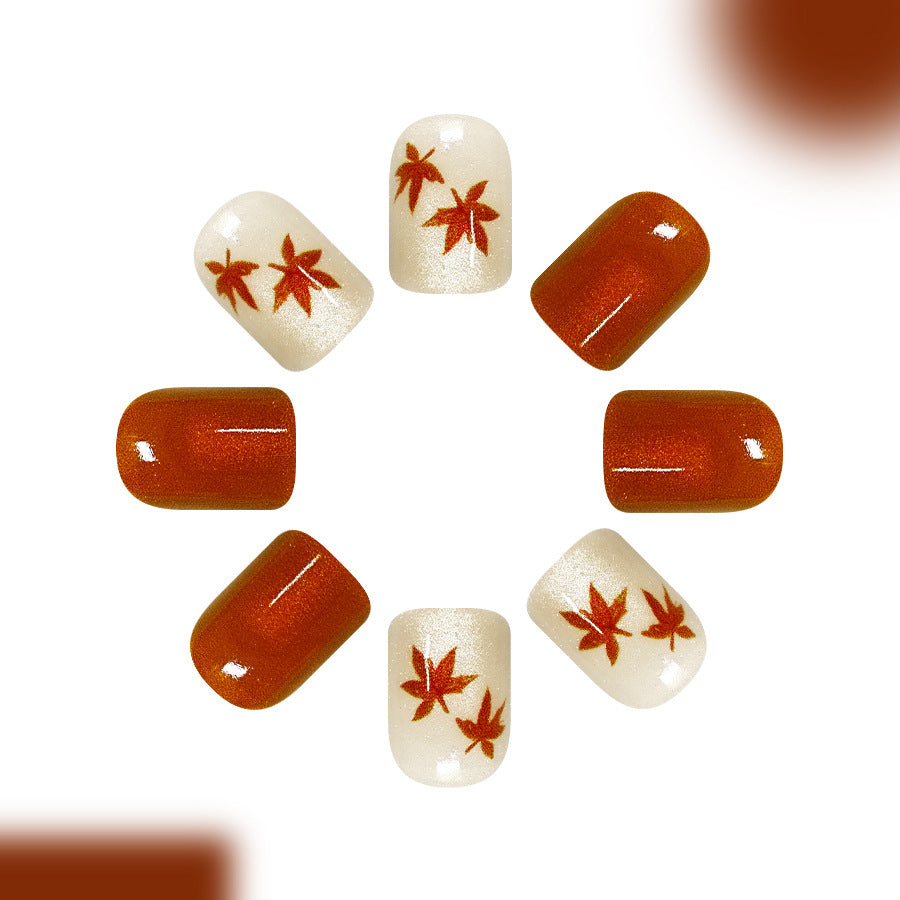 Short Square Glossy Brown Cat-eye Maple Thanksgiving Nails