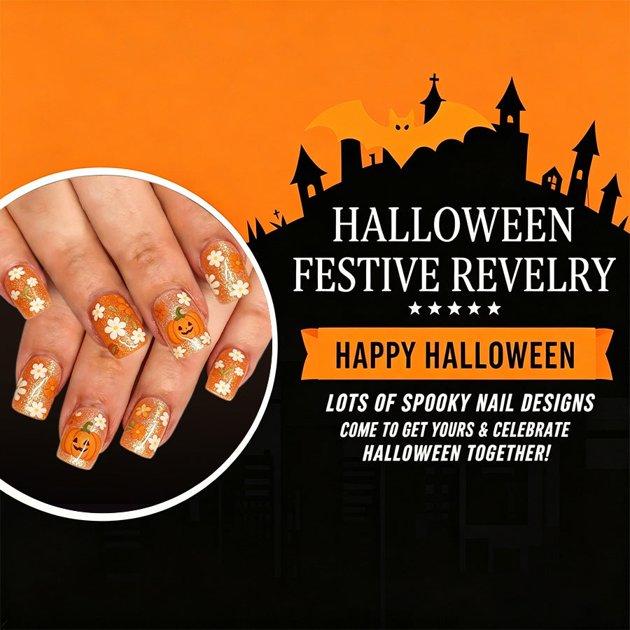 24pcs Short Square Orange pumpkin Halloween Nails