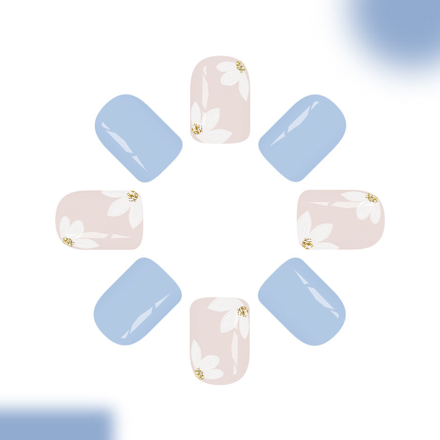 24pcs Short Square Nail Light Blue Flower Glitter