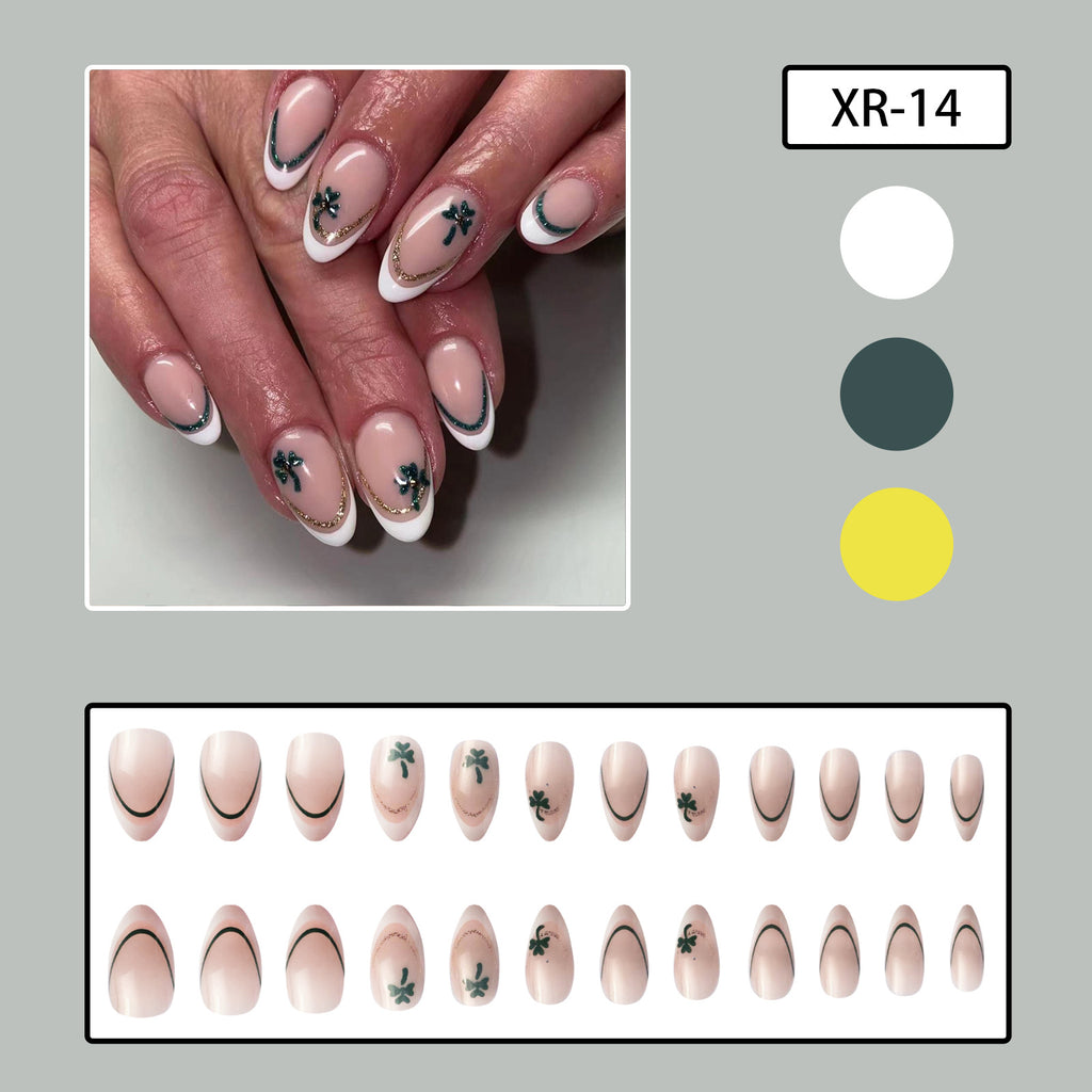 24pcs Short White Almond St. Patrick's Day clover Nails