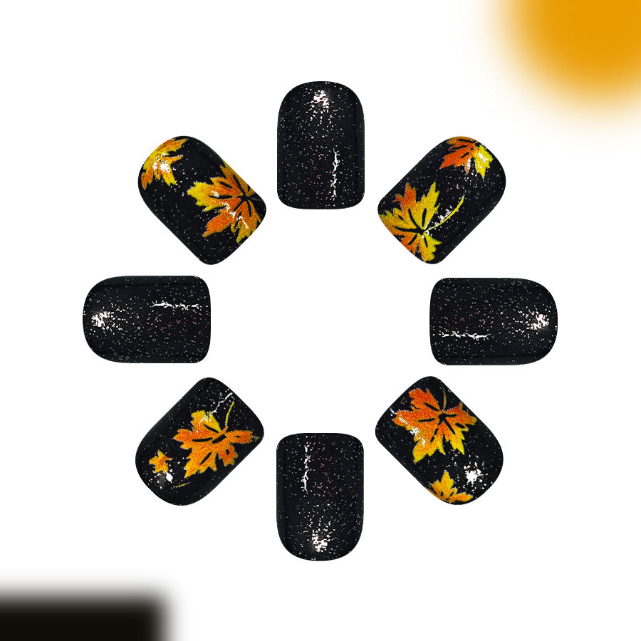 24pcs Short Black Glitter Leaf pattern Thanksgiving Nails