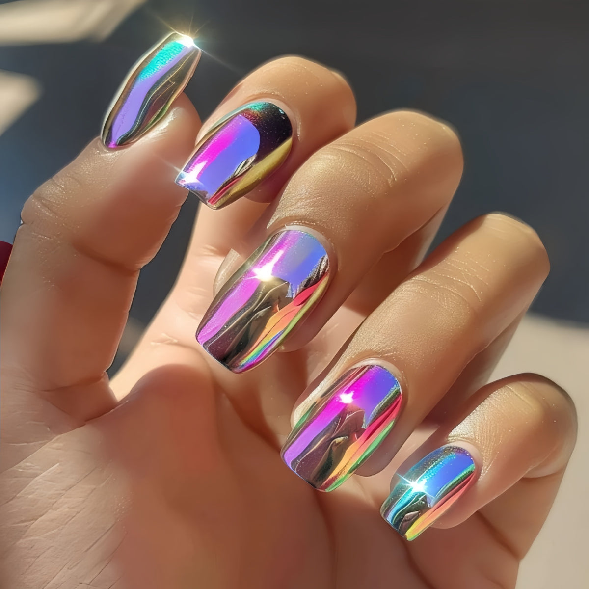 24pcs Long Rectangular Pink Aurora Nails
