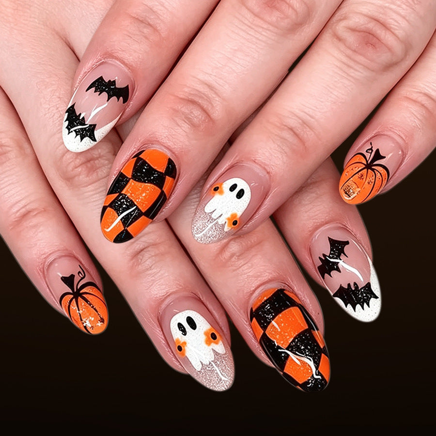 24pcs Short French Oval Orange Halloween Pumpkin Nails
