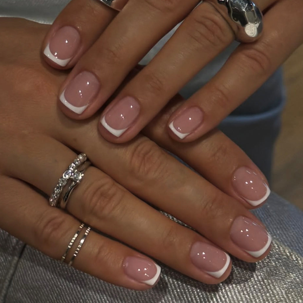 Short square white French-style nails