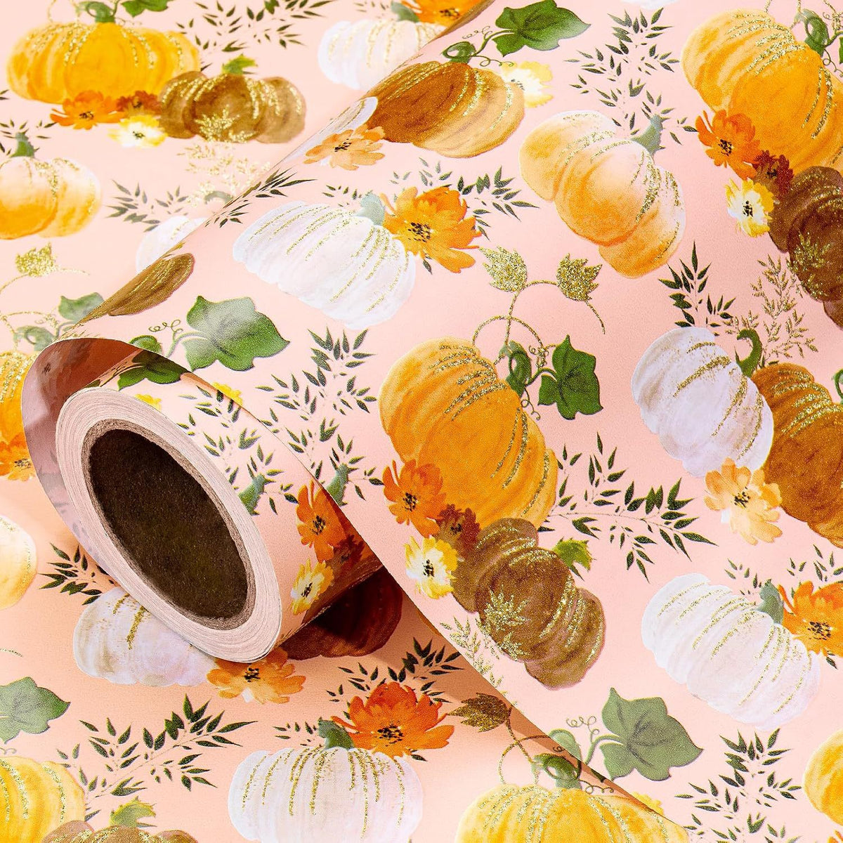 Glitter Foil Fall Pumpkin Wrapping Paper Roll Autumn Harvest Floral Pumpkin Gift Wrap for Thanksgiving