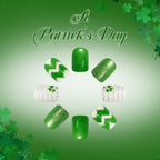 Short Square Saint Patrick's Day Green-striped Four-leaf Nails