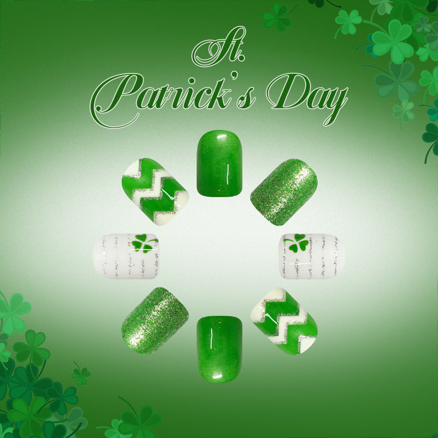 Short Square Saint Patrick's Day Green-striped Four-leaf Nails