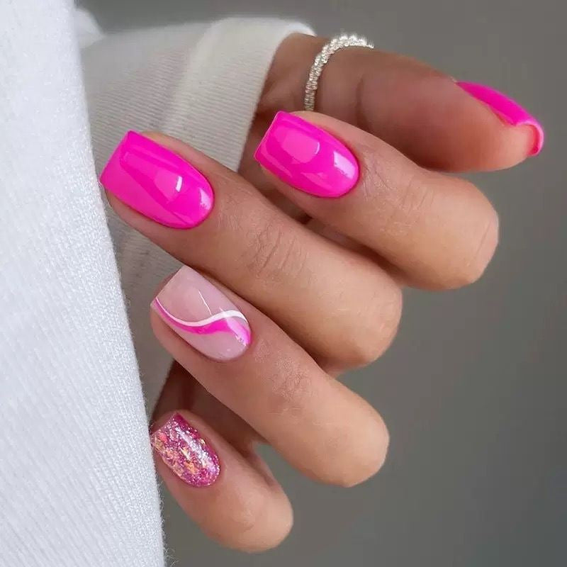 24pcs Pink striped Glitter design Long nails
