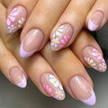 24pcs Short Oval sleeves light Purple French flowers Nails