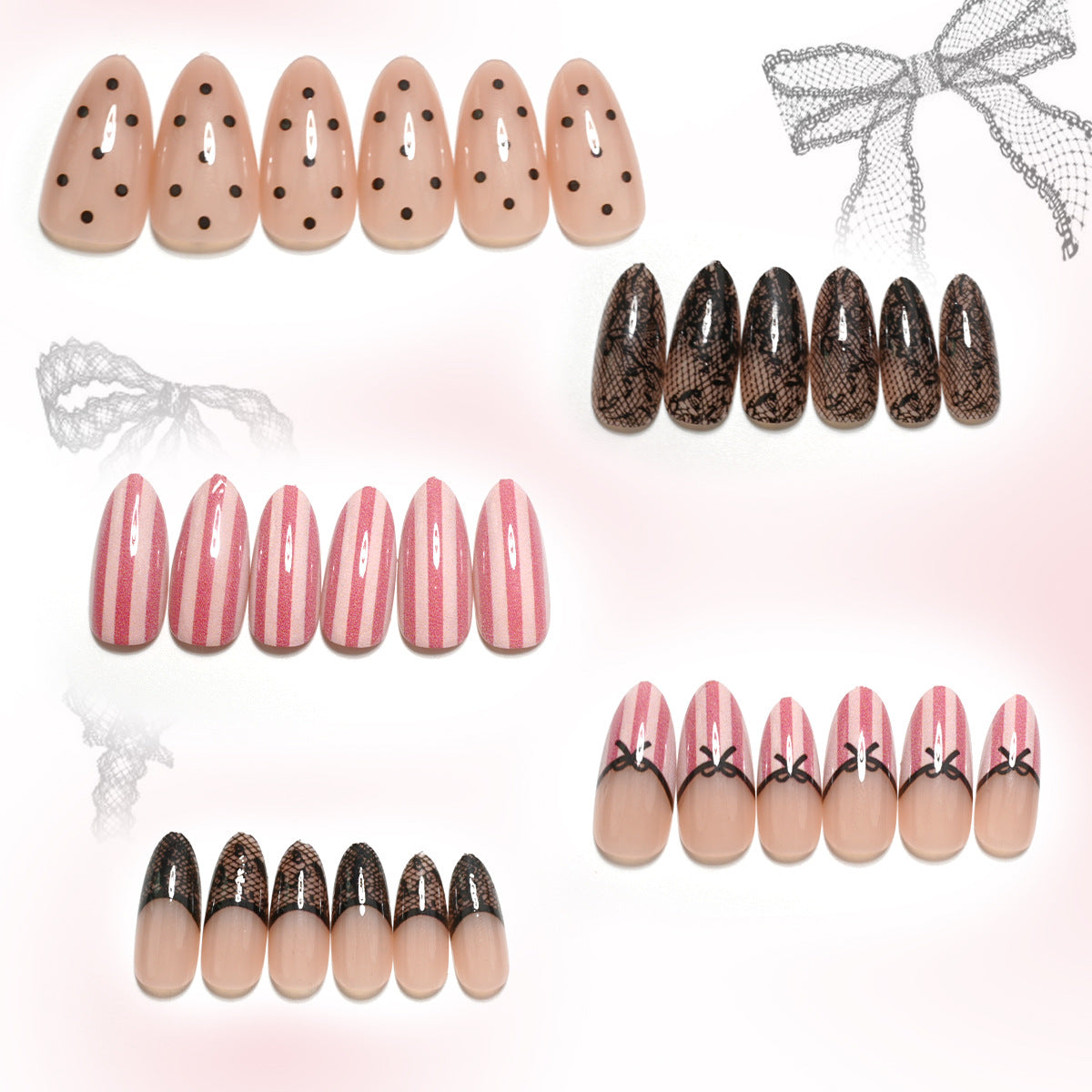 30pcs Black Lace Polka dot Stripe Almond Nails
