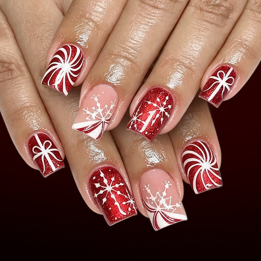 24pcs Short Square Red Snowflake bow tie Christmas Nails