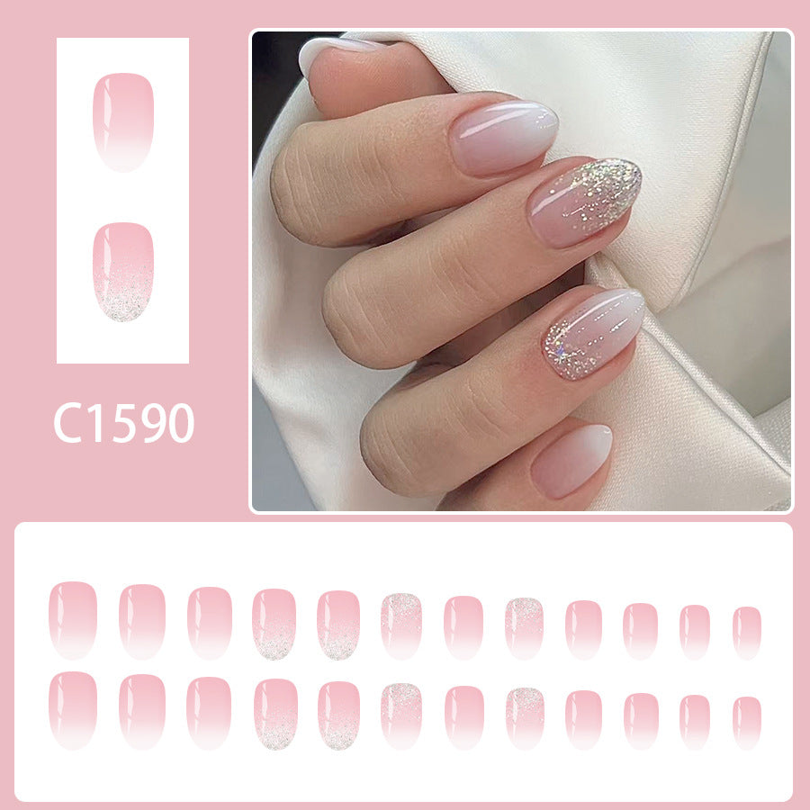 24pcs Short Oval Glitter White-gradient French Press on nails