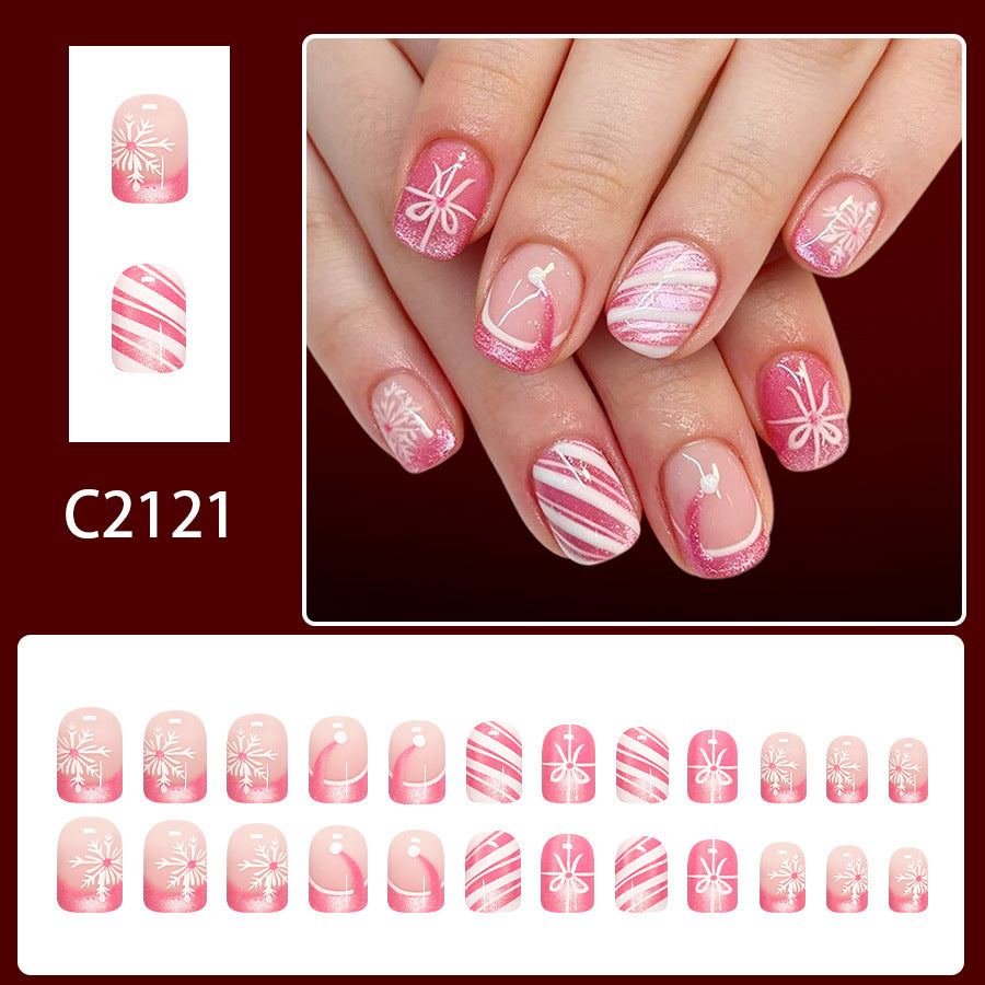 24pcs Short Square Powder Christmas Stripe Nails
