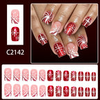 24pcs Short Square Red Snowflake bow tie Christmas Nails