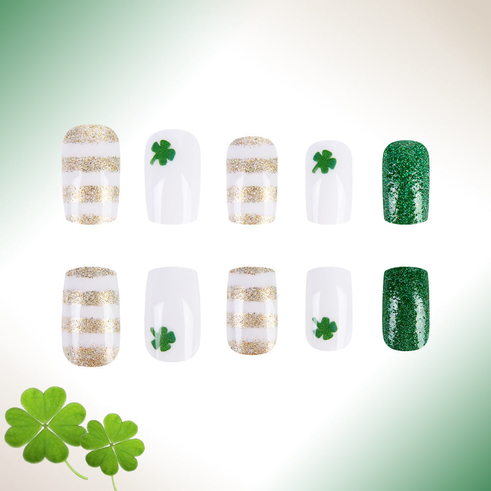 24pcs Square Green&Gold Stripe St. Patrick's Day Nails