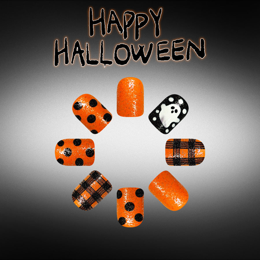 24pcs Short Square Halloween Orange-black Polka dot nails