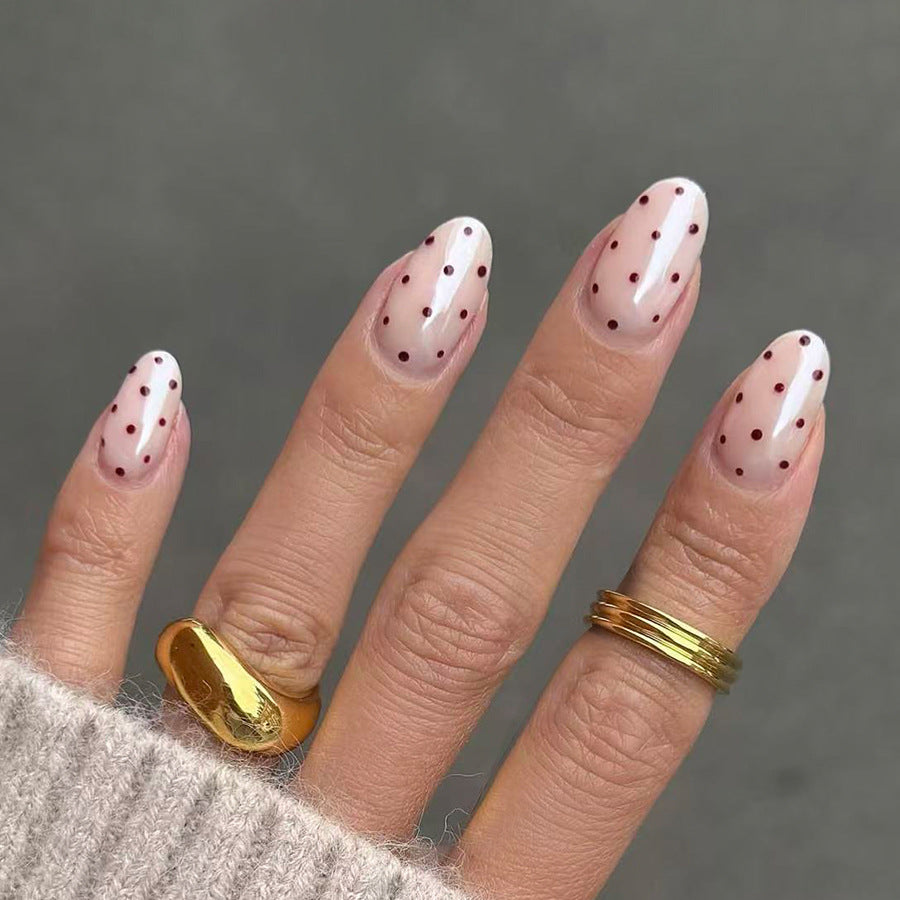 24pcs Short Oval Sleeve Nude Aurora Coffee-colored Polka dots nails