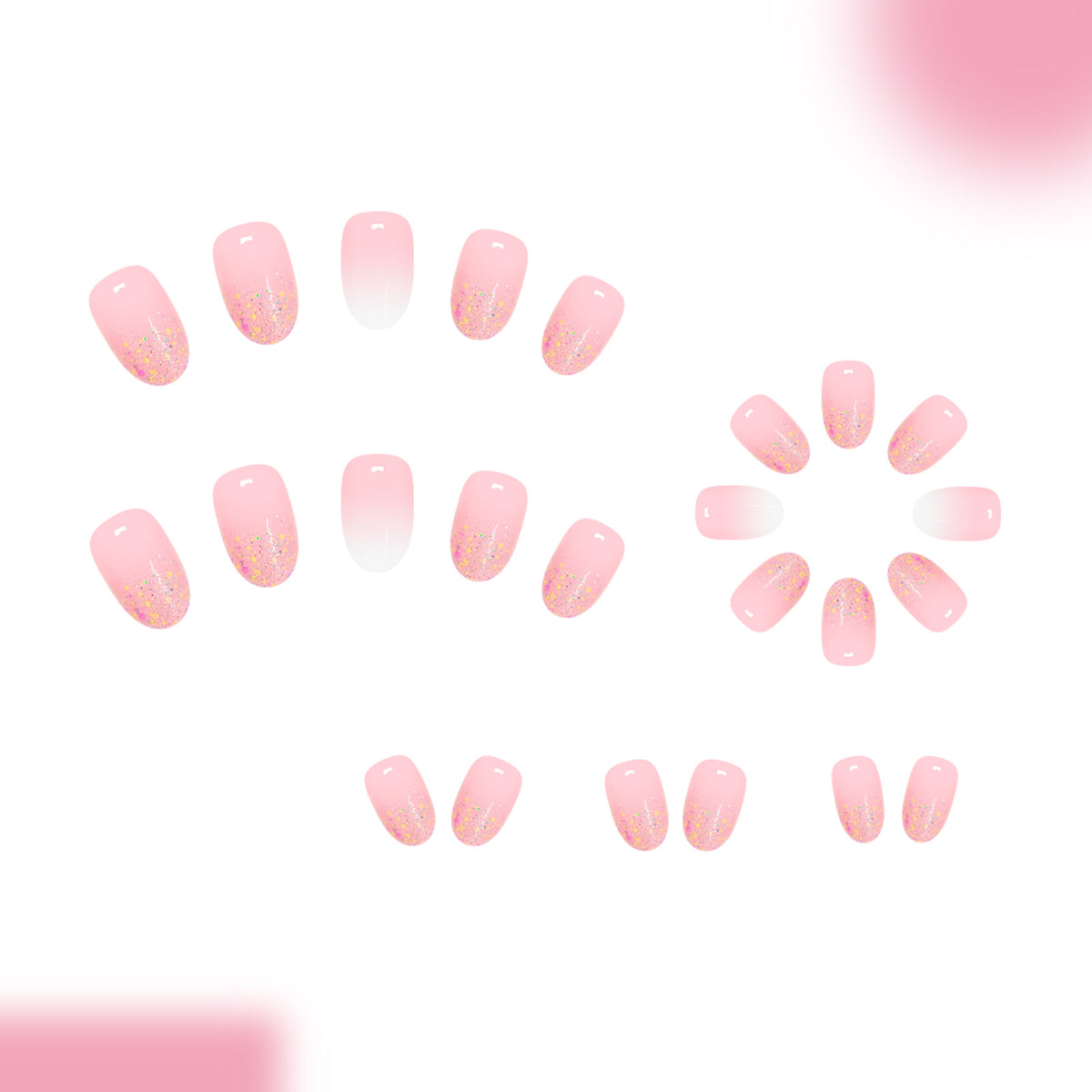 24 pcs Short Oval Glitter Pink nails
