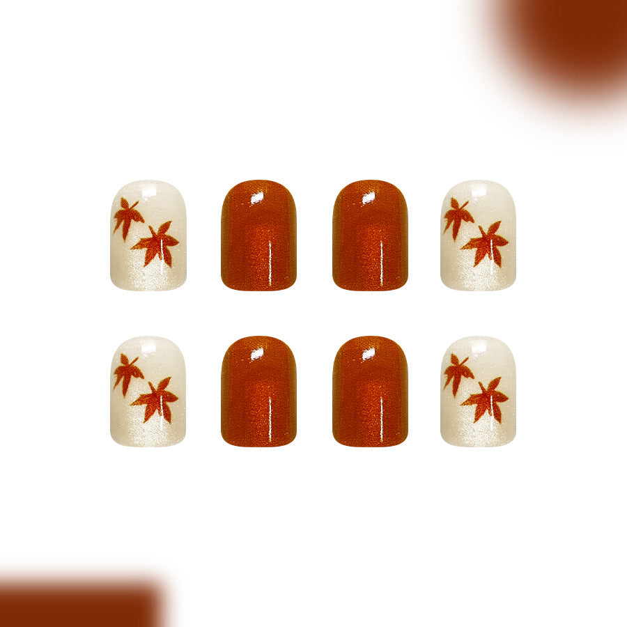 Short Square Glossy Brown Cat-eye Maple Thanksgiving Nails