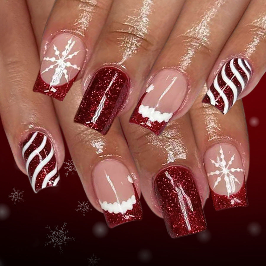 24pcs Short Square Christmas Stripe French snowflake Glitter nails