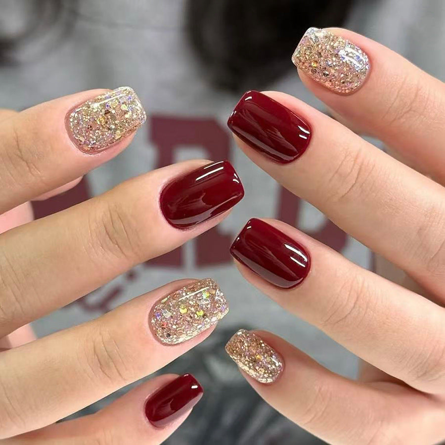 24pcs Short Square wine Red Glittering Powder nails
