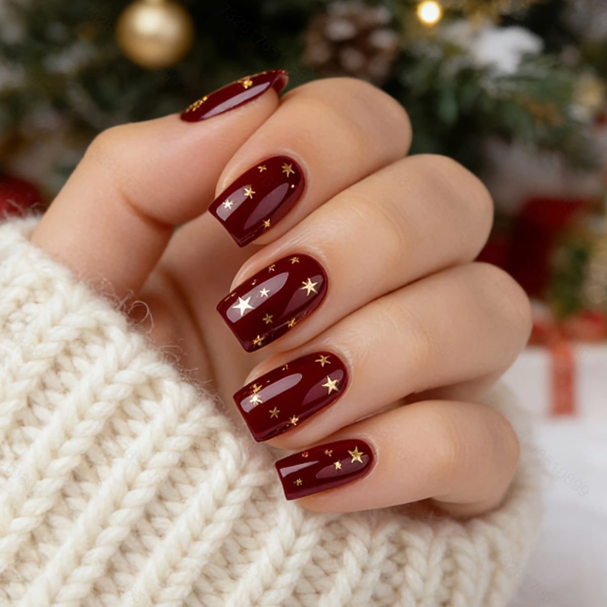 Short Square Red Gold star nails
