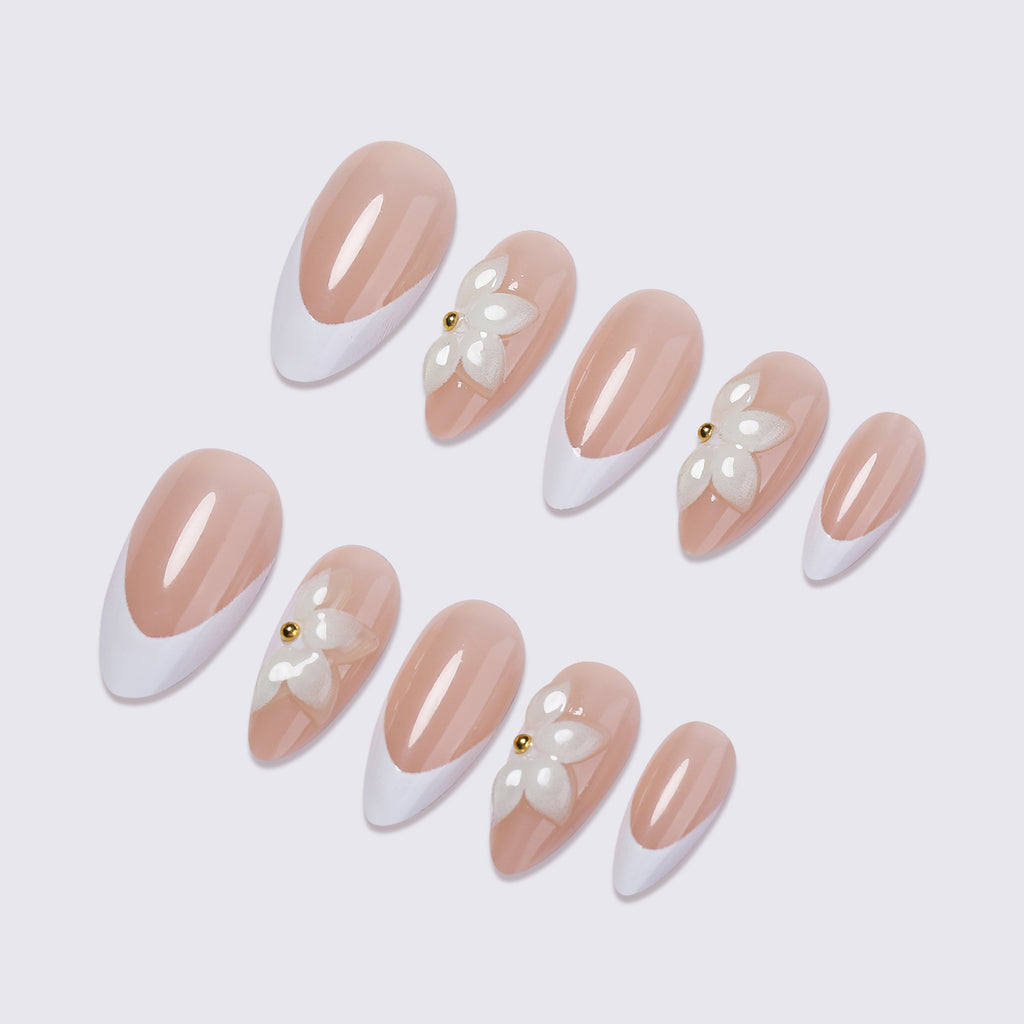 24pcs French Almond flower nails