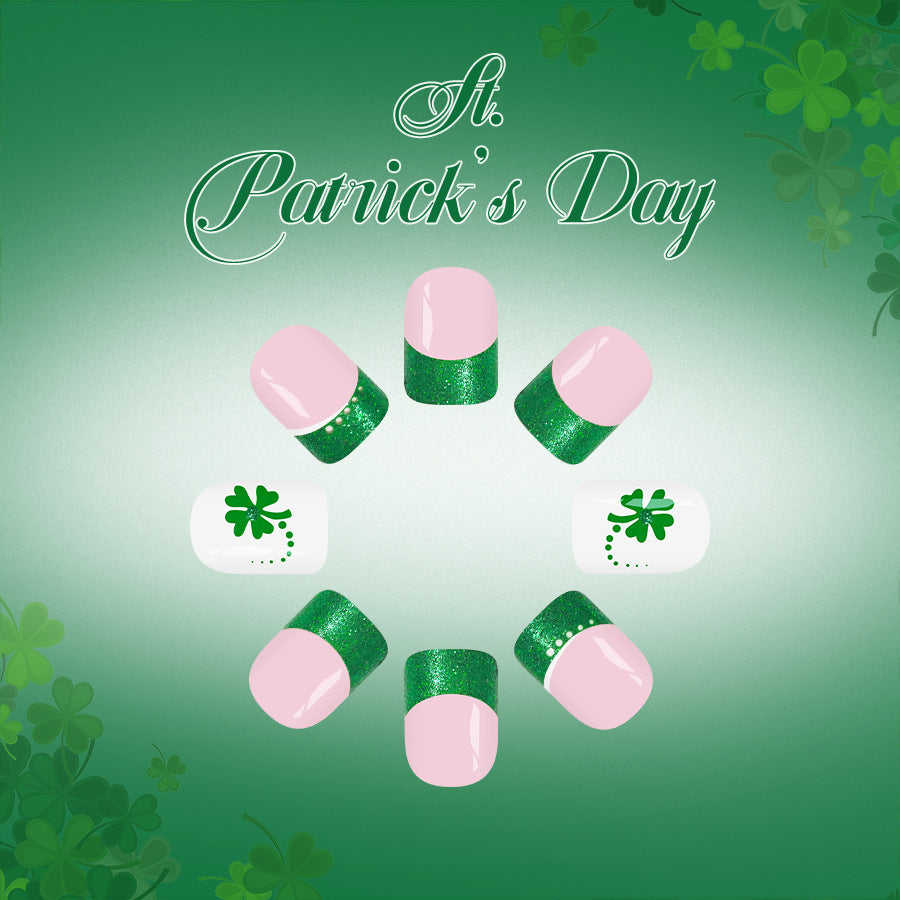 24pcs Shiny Square Saint Patrick's Day Light green Four-leaf clover Nails