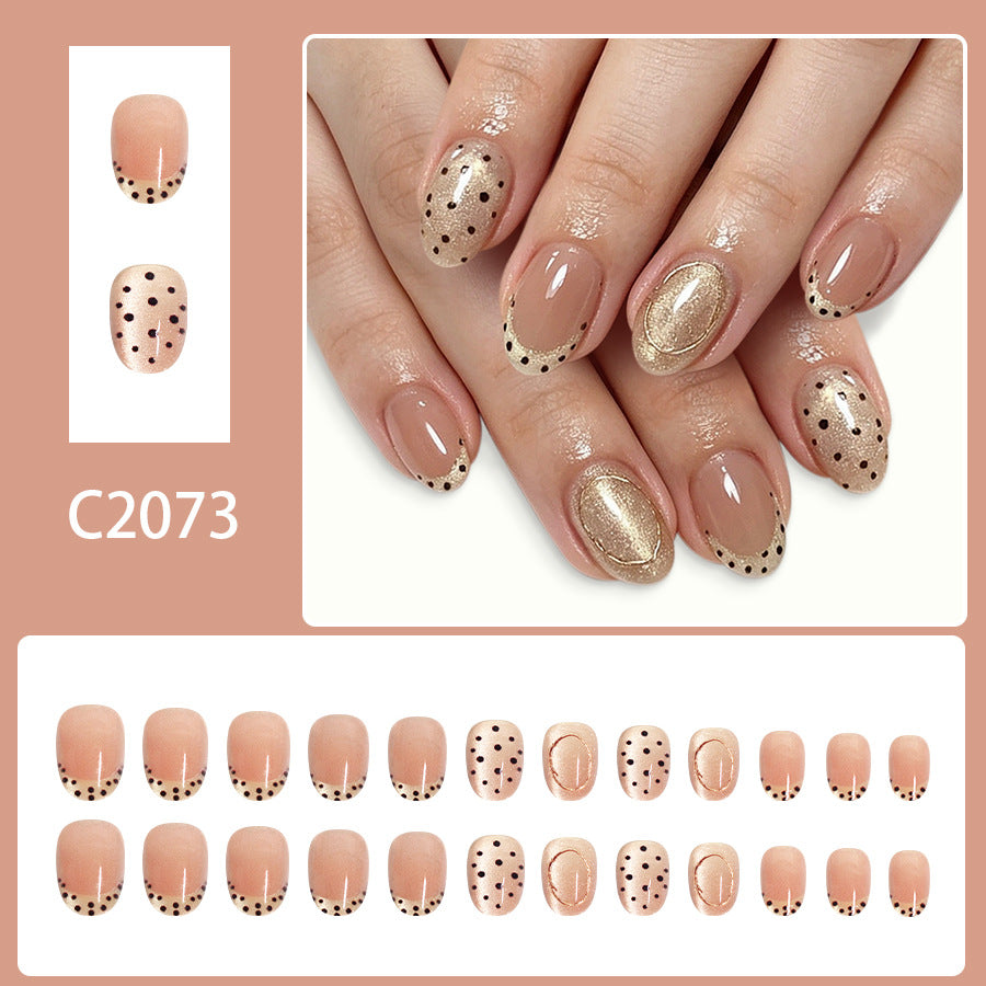 24pcs Short Oval Cat-eye French Glitter Polka dot Champagne Nails