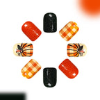 Short Square Brown Plaid Pumpkin design nails