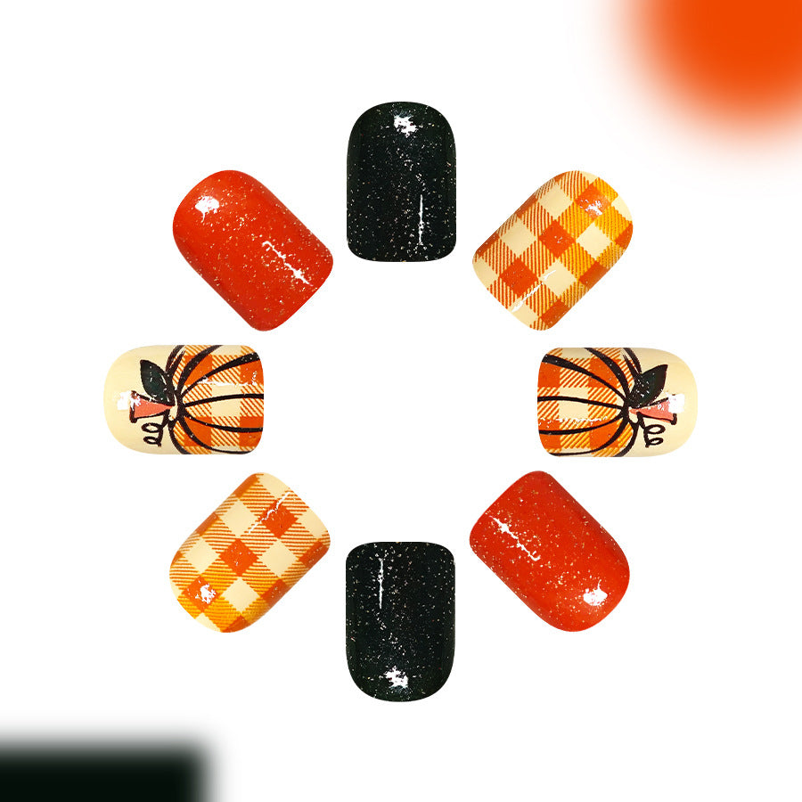 Short Square Brown Plaid Pumpkin design nails
