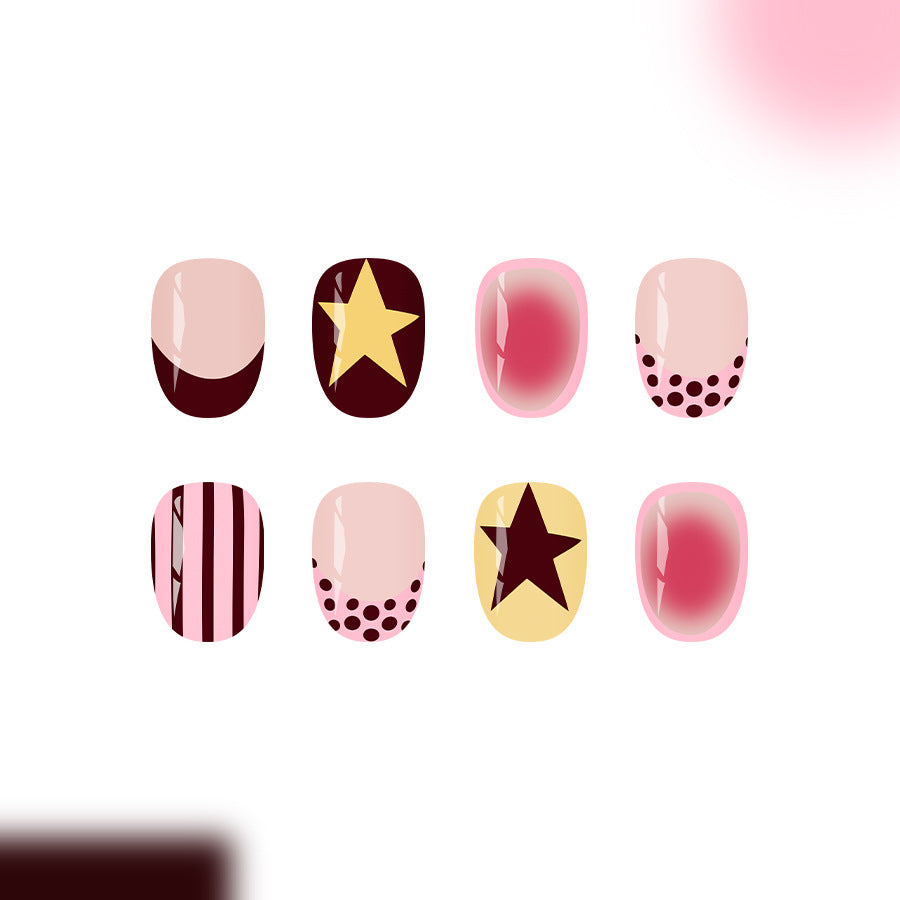 24pcs Short Oval Pale Pink French Dotted stripes Nails