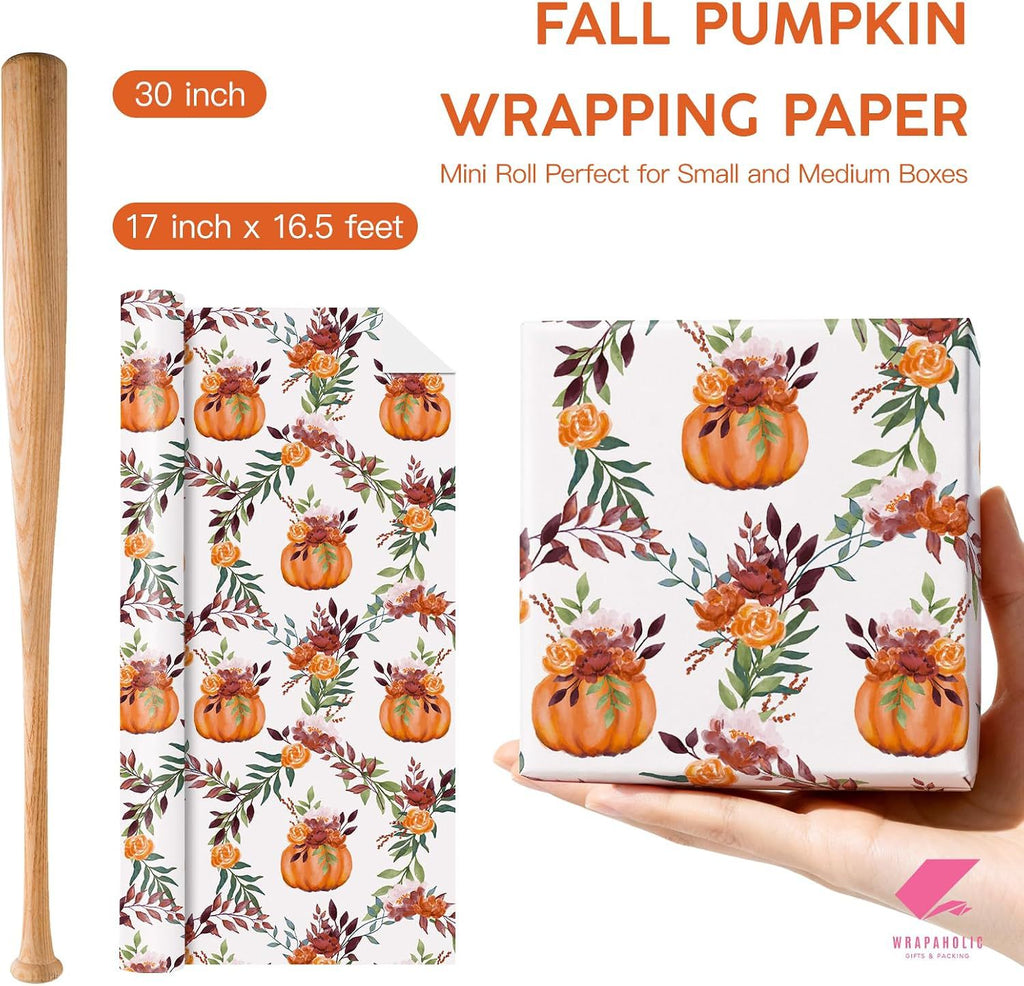 Glitter Foil Fall Pumpkin Wrapping Paper Roll Autumn Harvest Floral Pumpkin Gift Wrap for Thanksgiving