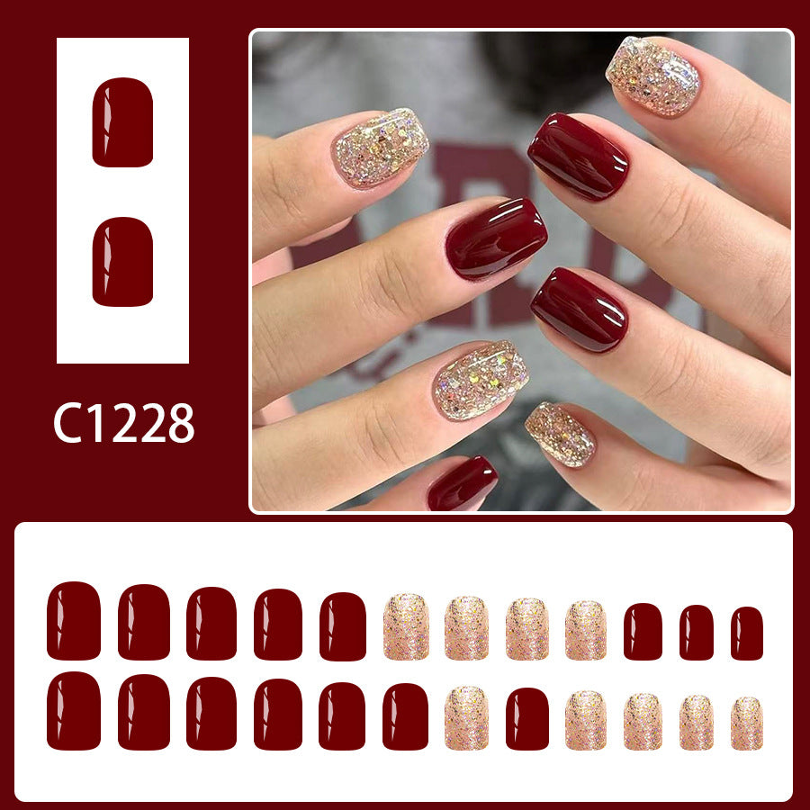 24pcs Short Square wine Red Glittering Powder nails