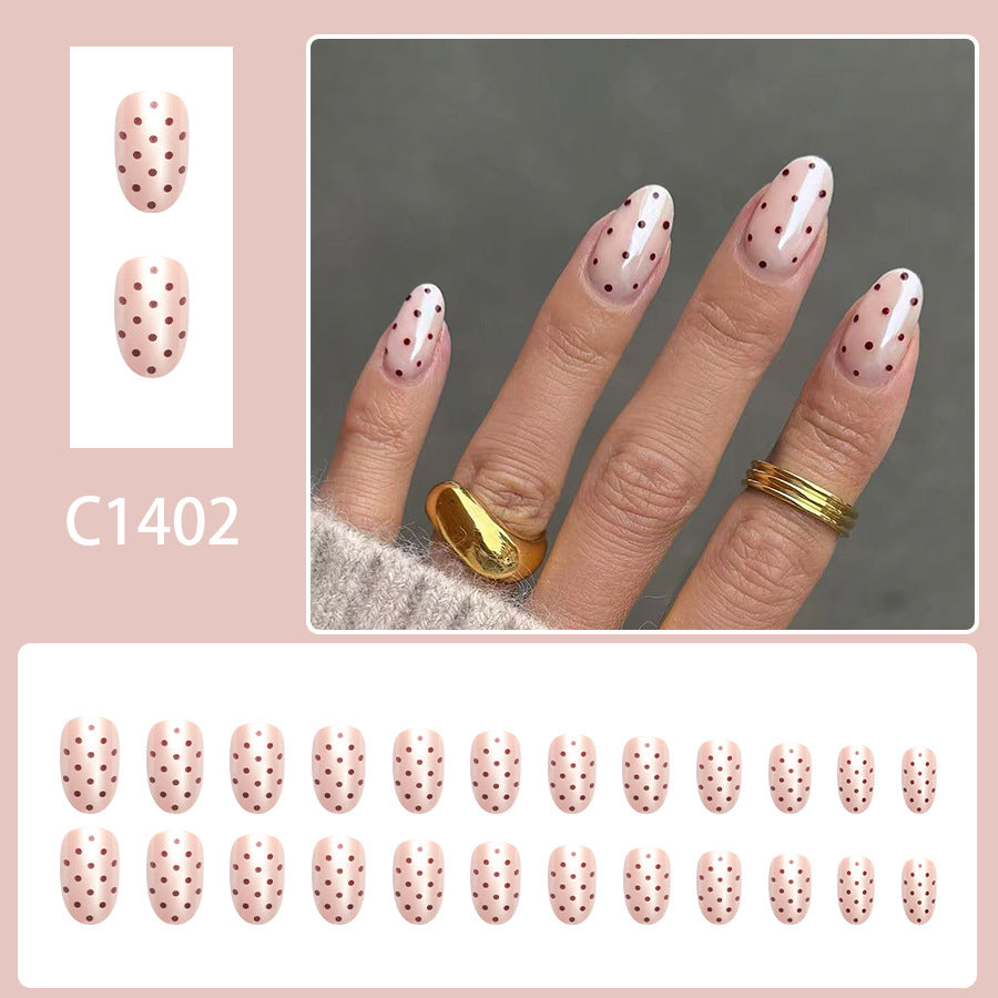 24pcs Short Oval Sleeve Nude Aurora Coffee-colored Polka dots nails