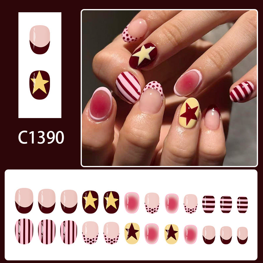 24pcs Short Oval Pale Pink French Dotted stripes Nails