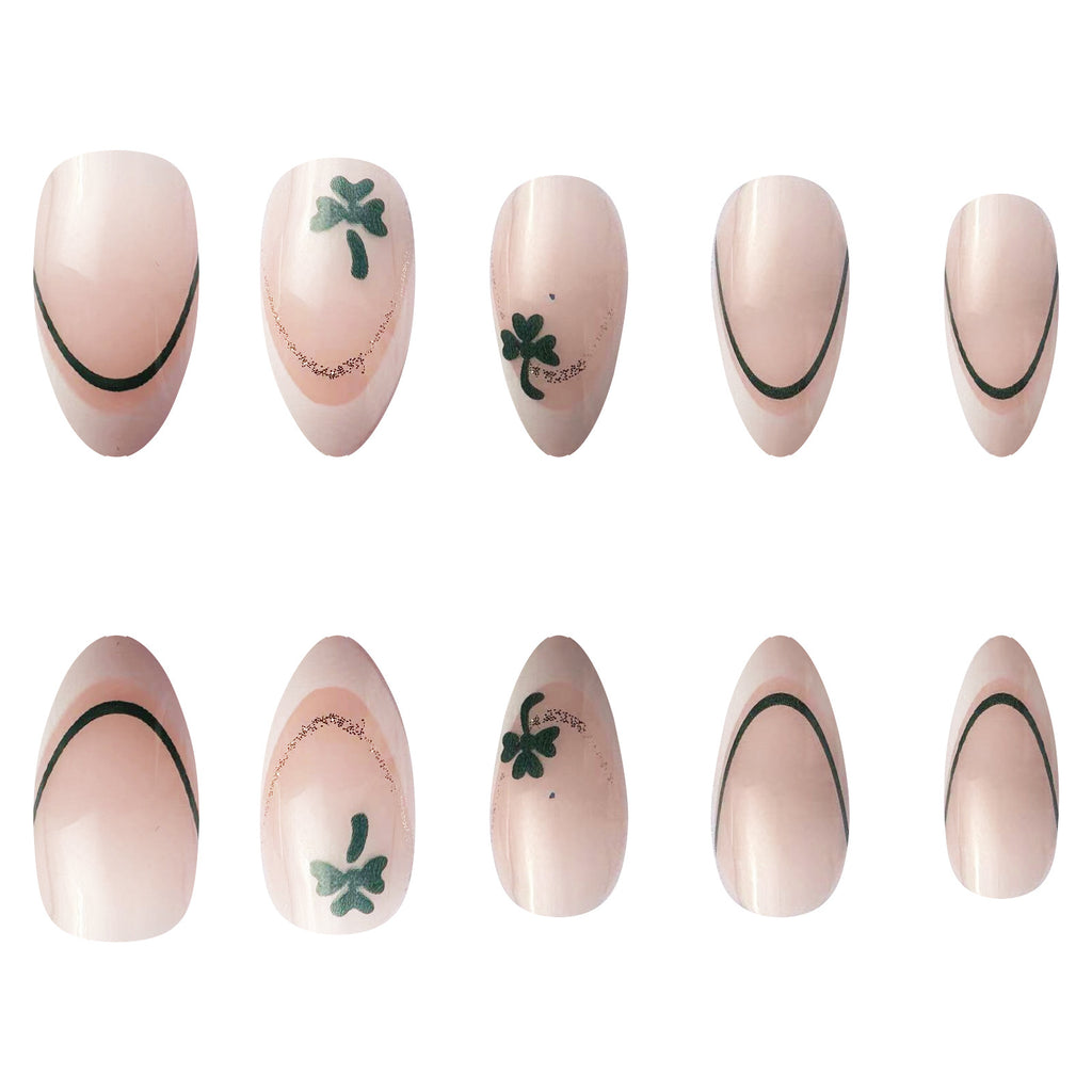 24pcs Short White Almond St. Patrick's Day clover Nails
