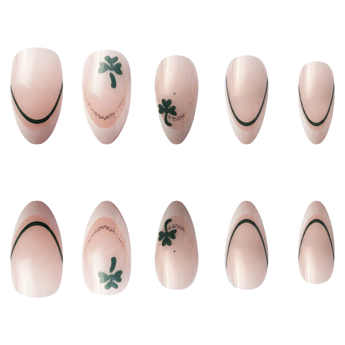 24pcs Short White Almond St. Patrick's Day clover Nails