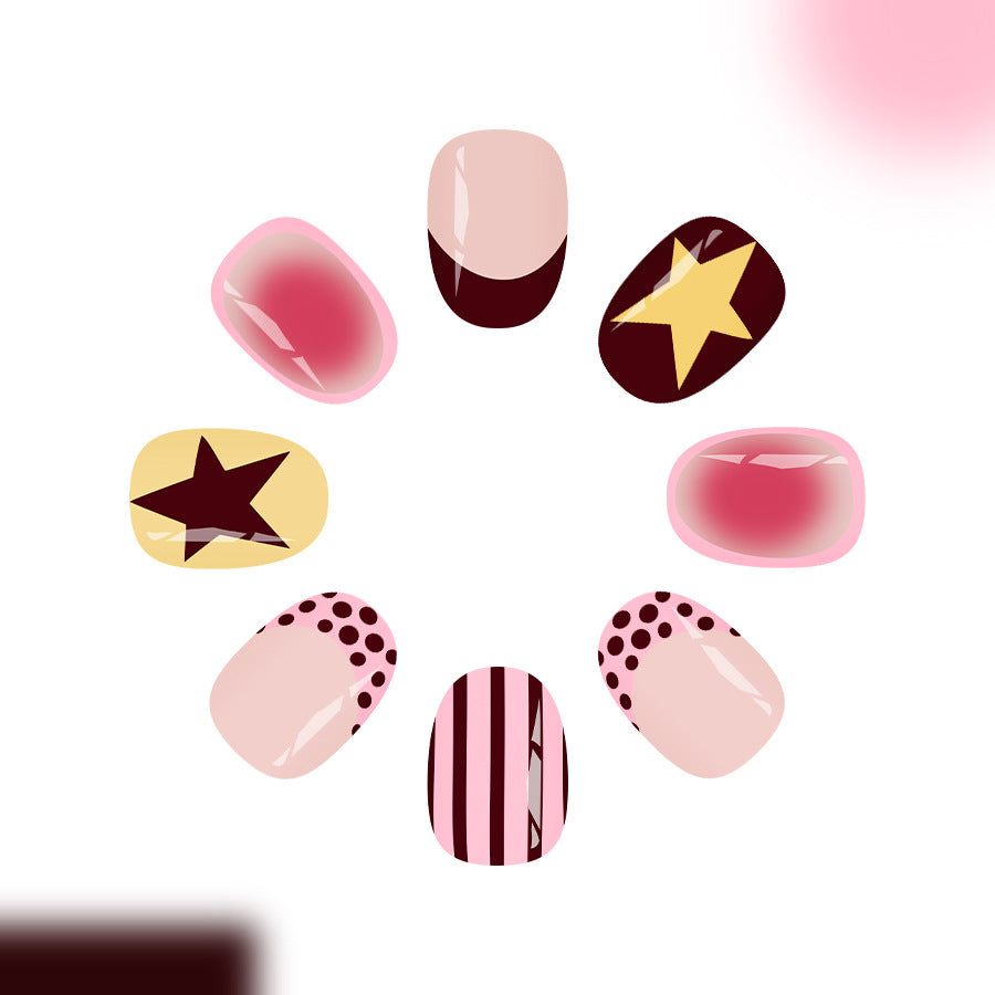 24pcs Short Oval Pale Pink French Dotted stripes Nails