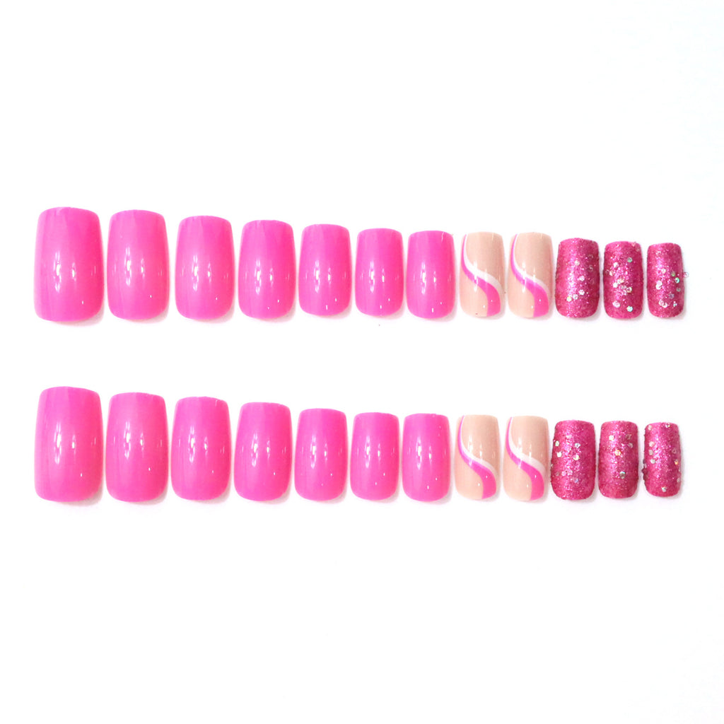 24pcs Pink striped Glitter design Long nails