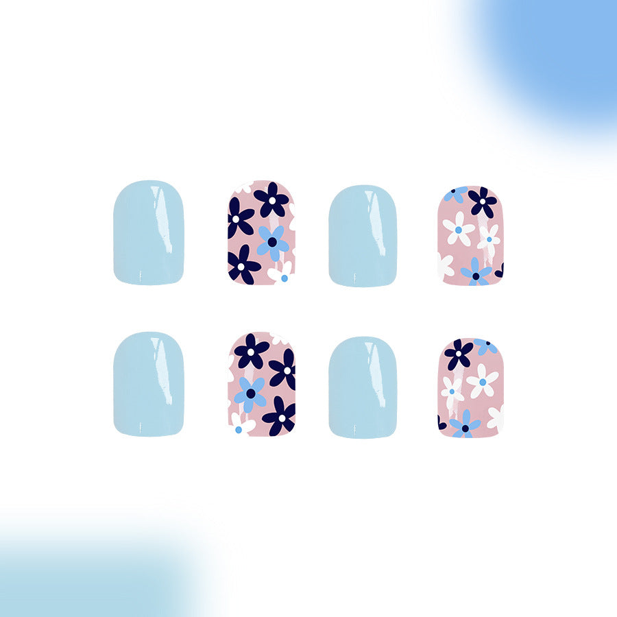 24pcs Short Glossy Square nails with light blue floral