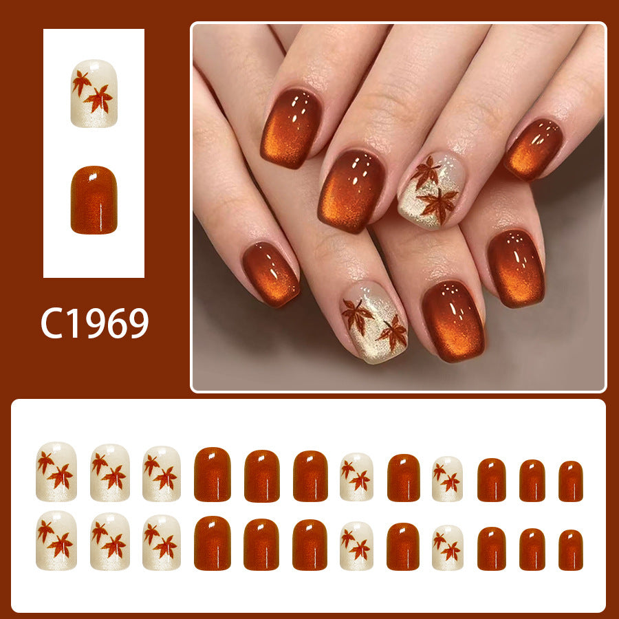 Short Square Glossy Brown Cat-eye Maple Thanksgiving Nails