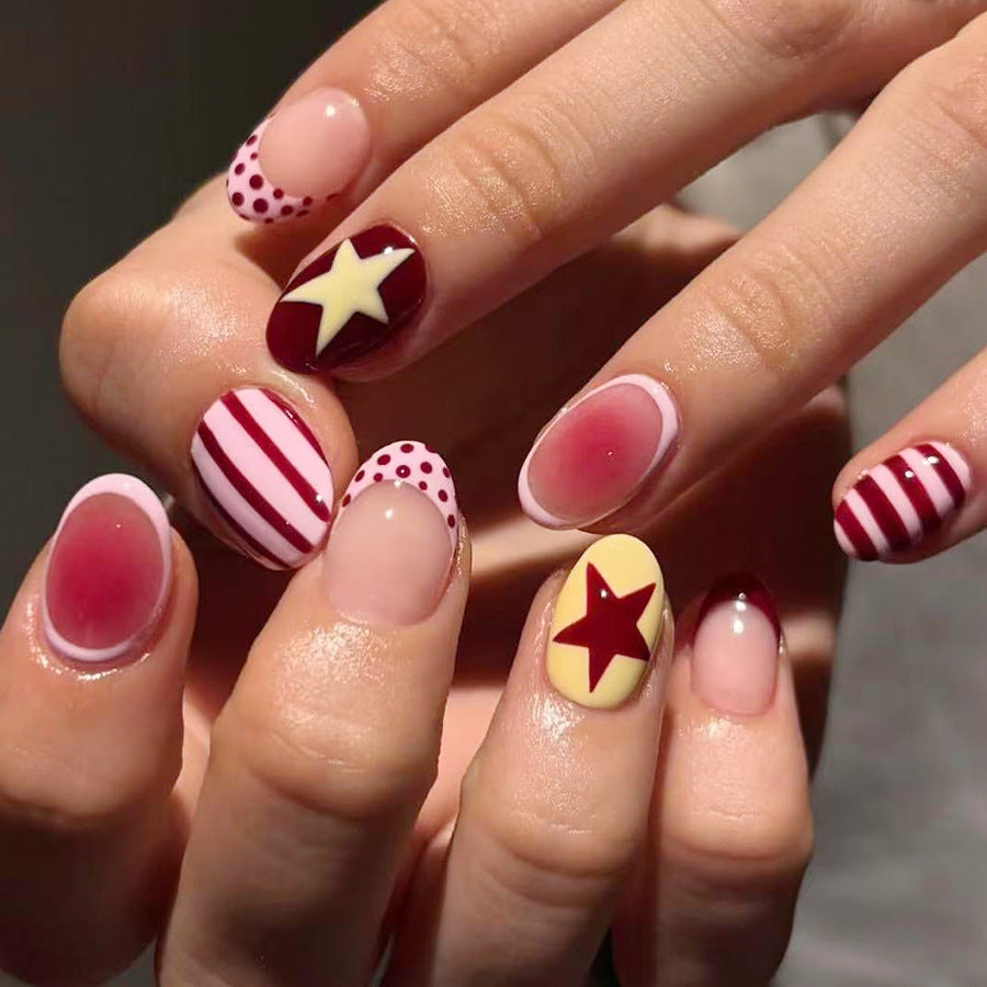 24pcs Short Oval Pale Pink French Dotted stripes Nails