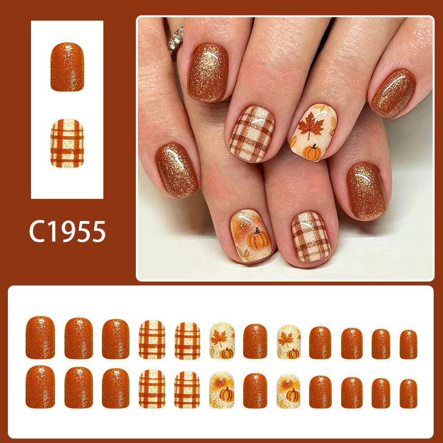 24pcs Short Glossy Square Brown Pumpkin leaf Nails