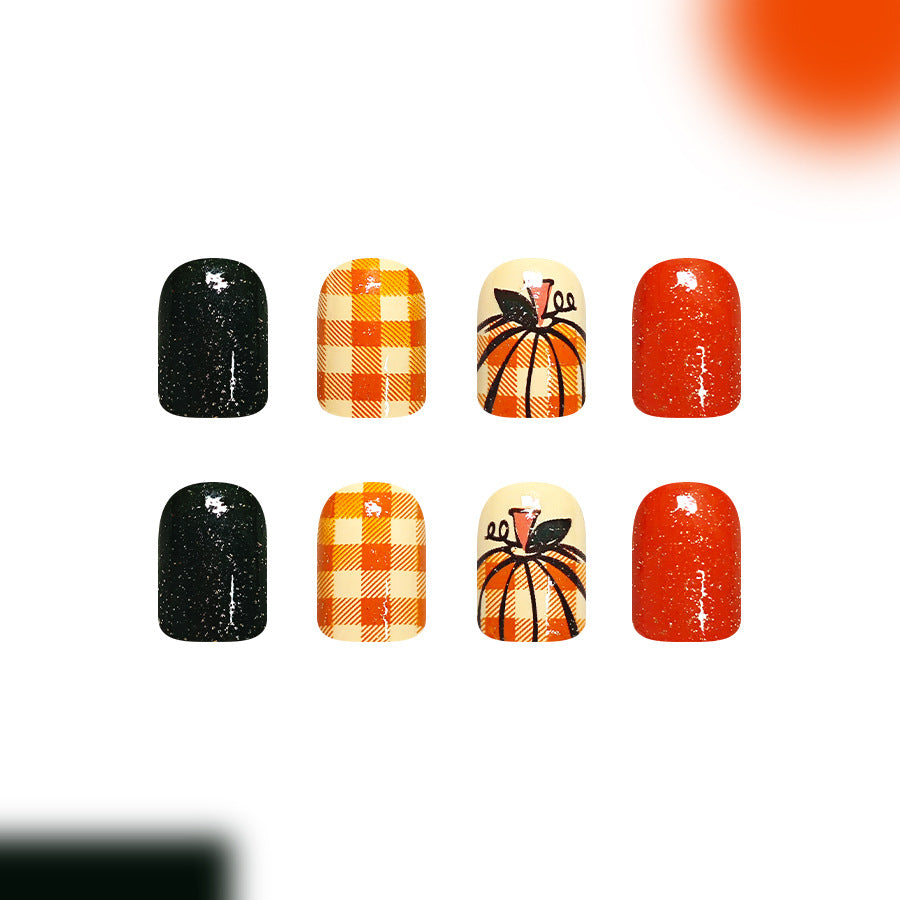 Short Square Brown Plaid Pumpkin design nails