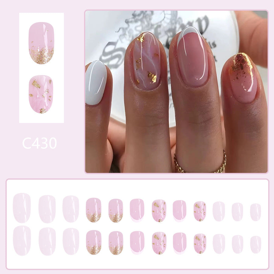 24pcs Oval White French gradient with glitter Nails