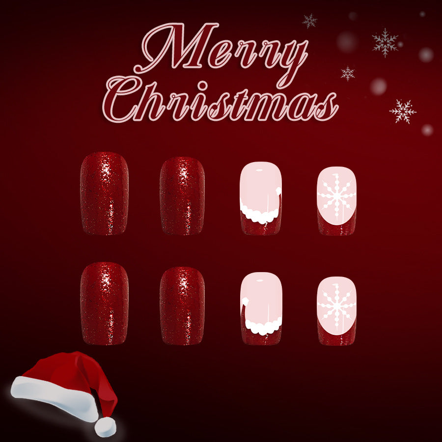 24pcs Short Square Christmas Stripe French snowflake Glitter nails