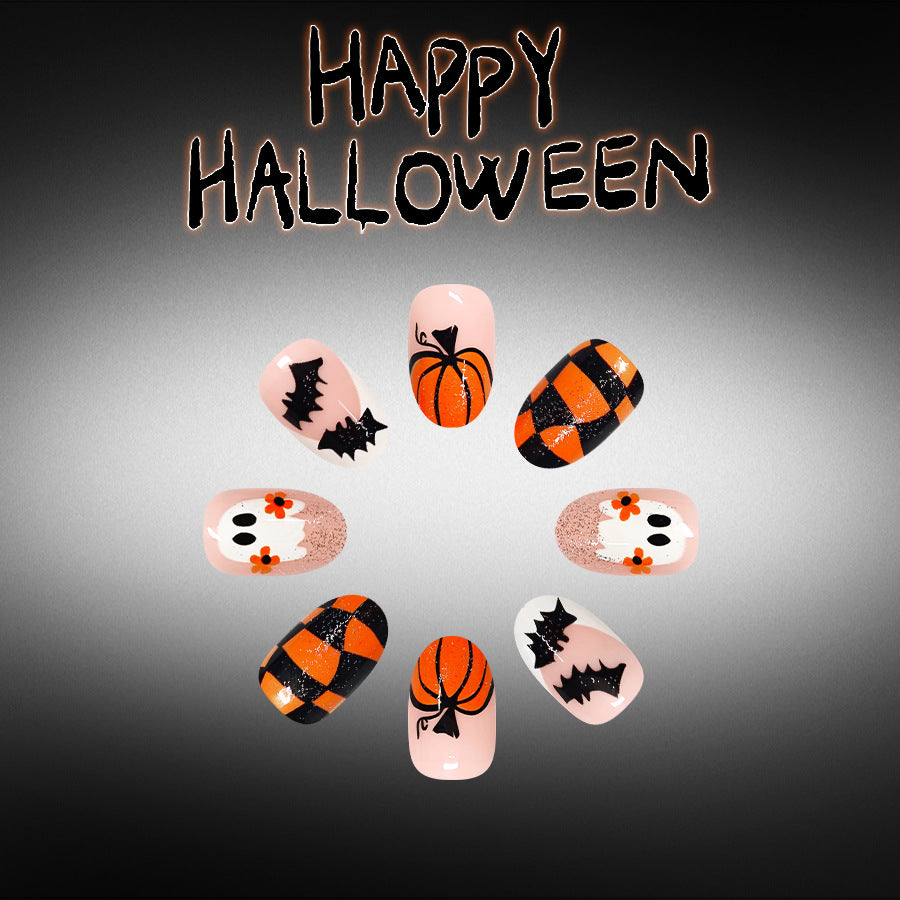 24pcs Short French Oval Orange Halloween Pumpkin Nails